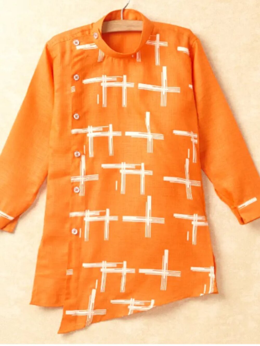 Boys Size L Orange Geometric Print Kurta Indian Tunic Shirt